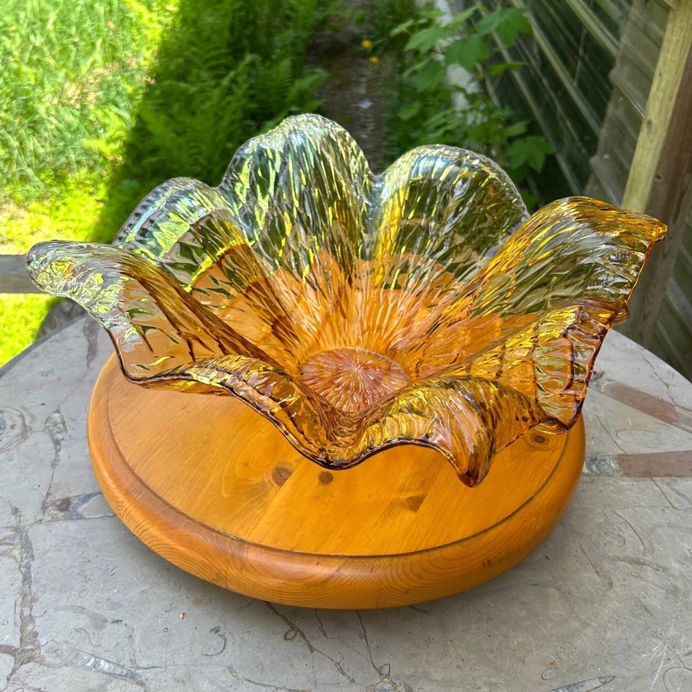 Vintage Art Glass Bowl Large Amber Ombre Hand Blown Canadian Mid-Century 18" Yel